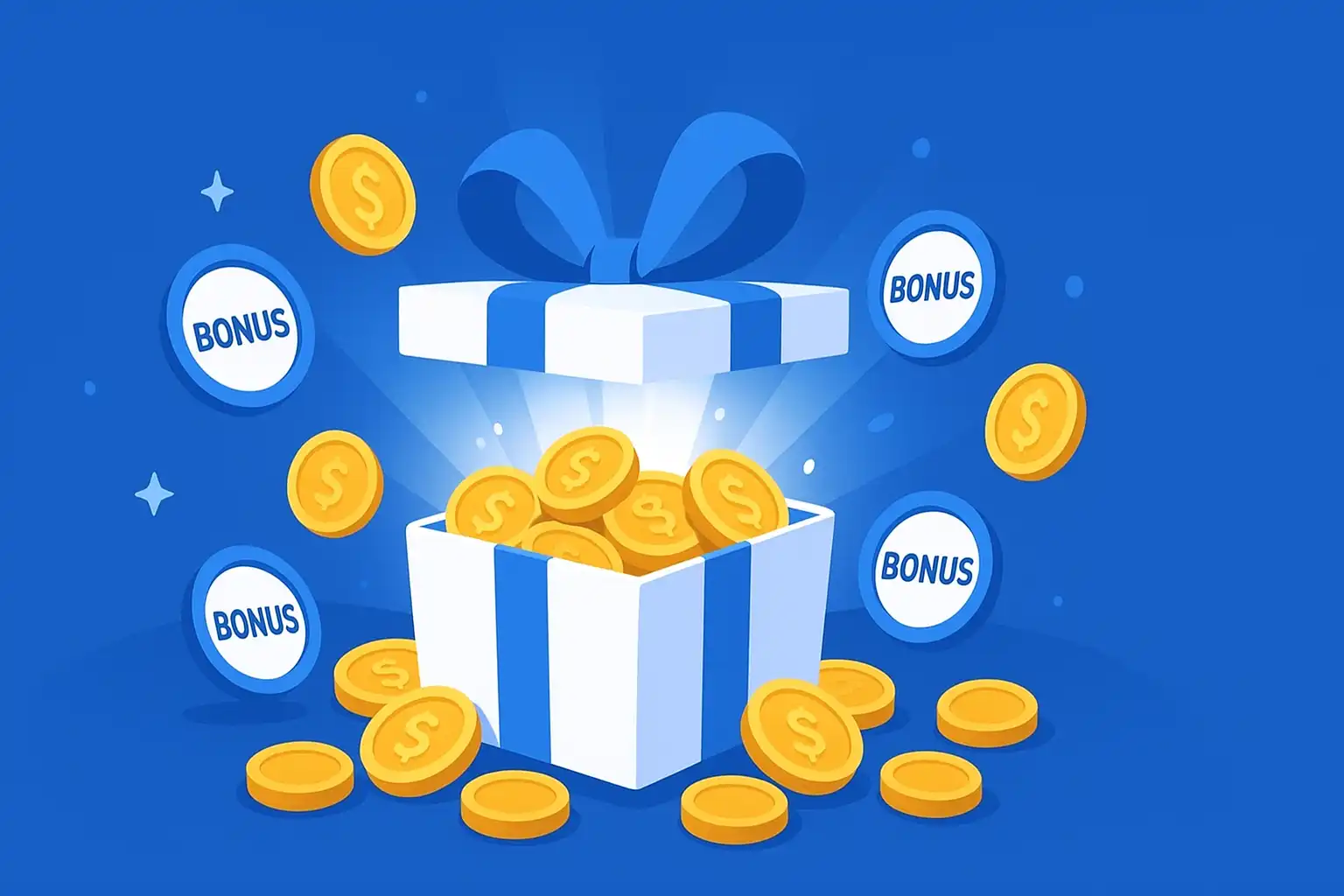 Glowing gift box overflowing with gold coins and bonus spin tokens