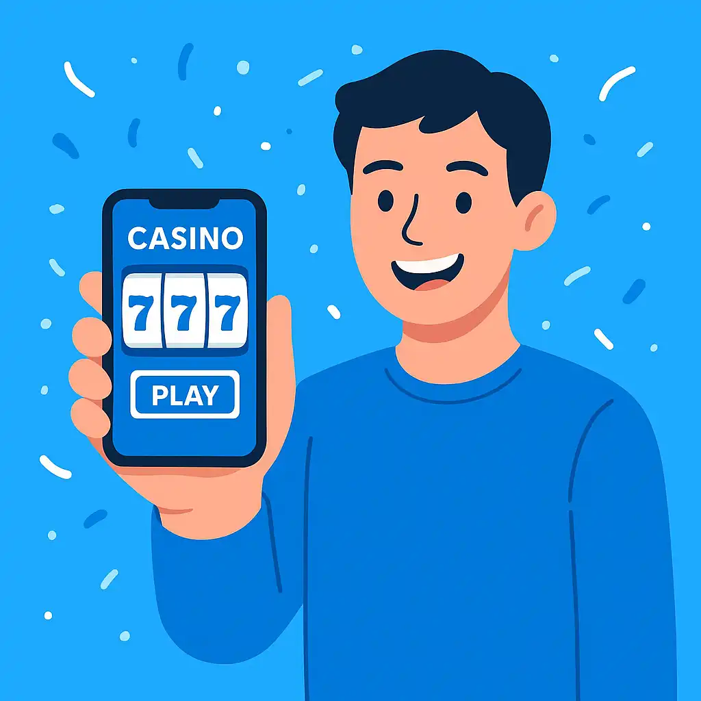 Smiling player celebrating a jackpot win on a mobile casino app